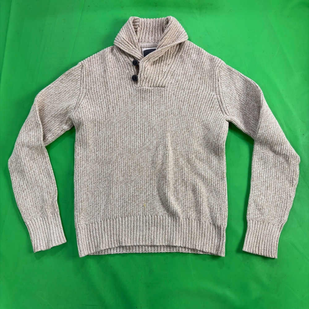 H&M LOGG Shawl Collar Sweater Mens M/L Tan Chunky Rib Knit Pullover Button Neck